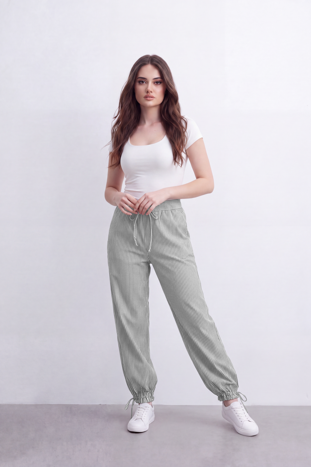 Women's Tomato Store Striped Woven Jogger Pants Elastic Drawstring Waist Gathered Ankle Detail