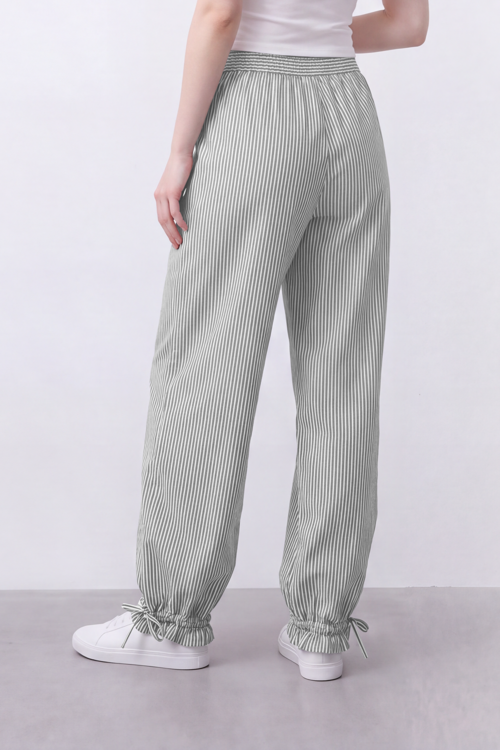 Women's Tomato Store Striped Woven Jogger Pants Elastic Drawstring Waist Gathered Ankle Detail