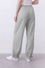 Women's Tomato Store Striped Woven Jogger Pants Elastic Drawstring Waist Gathered Ankle Detail