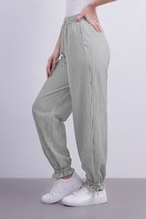 Women's Tomato Store Striped Woven Jogger Pants Elastic Drawstring Waist Gathered Ankle Detail