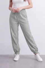 Women's Tomato Store Striped Woven Jogger Pants Elastic Drawstring Waist Gathered Ankle Detail