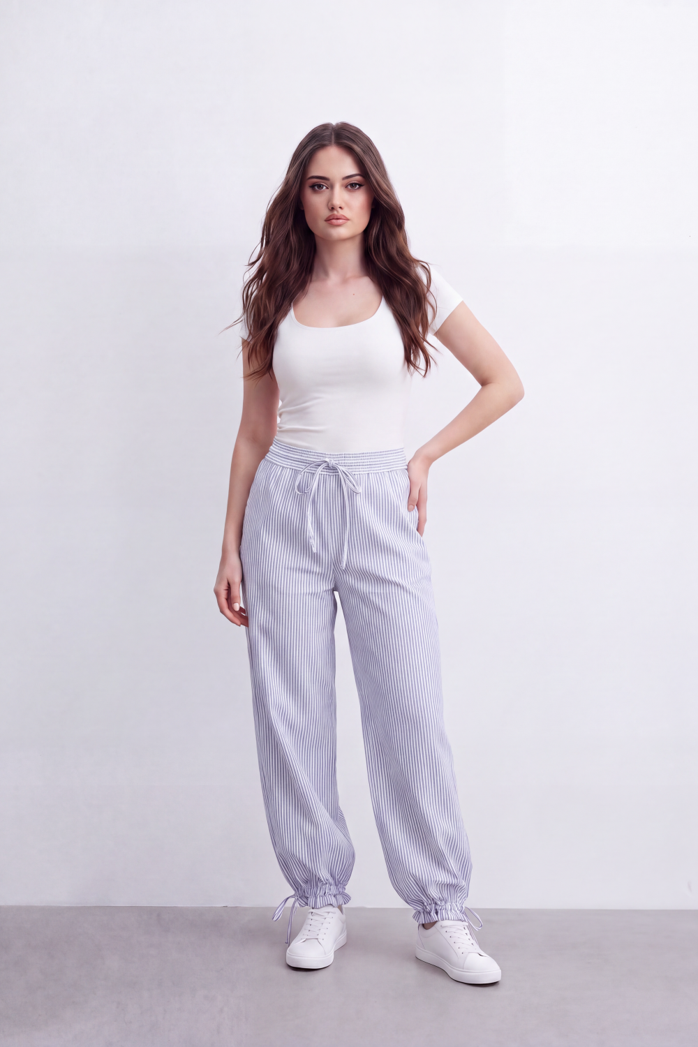 Women's Tomato Store Striped Woven Jogger Pants Elastic Drawstring Waist Gathered Ankle Detail
