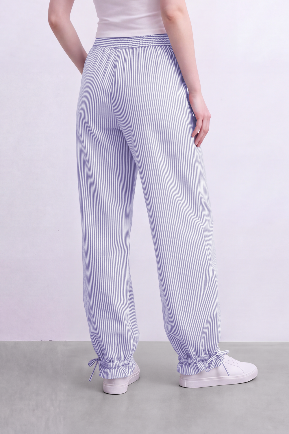 Women's Tomato Store Striped Woven Jogger Pants Elastic Drawstring Waist Gathered Ankle Detail