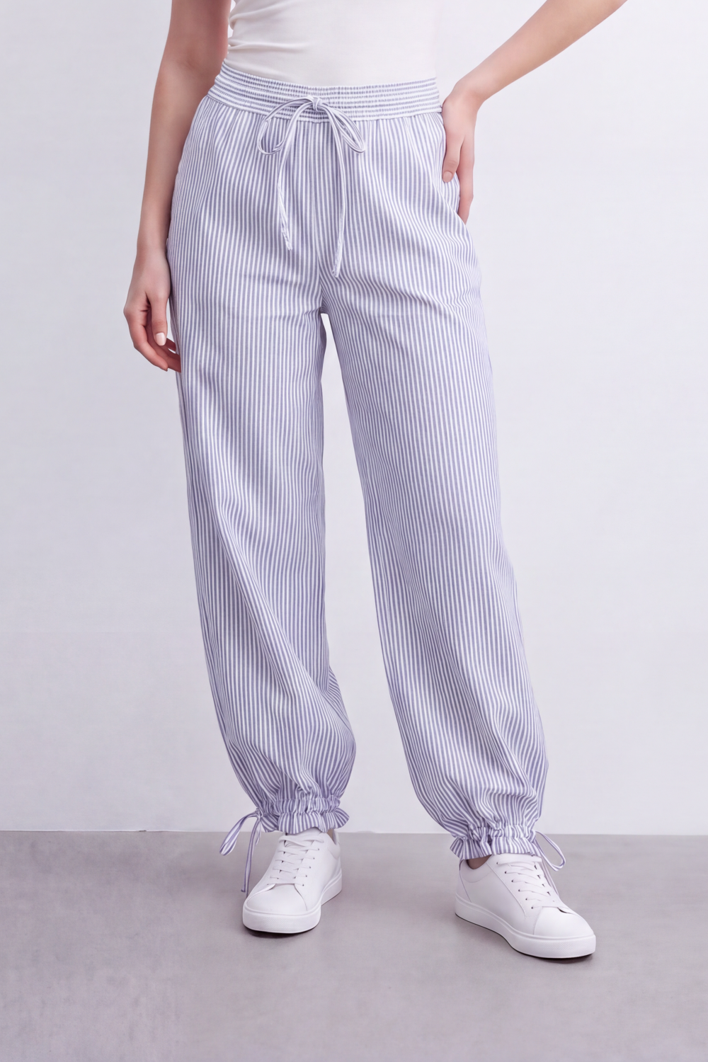 Women's Tomato Store Striped Woven Jogger Pants Elastic Drawstring Waist Gathered Ankle Detail