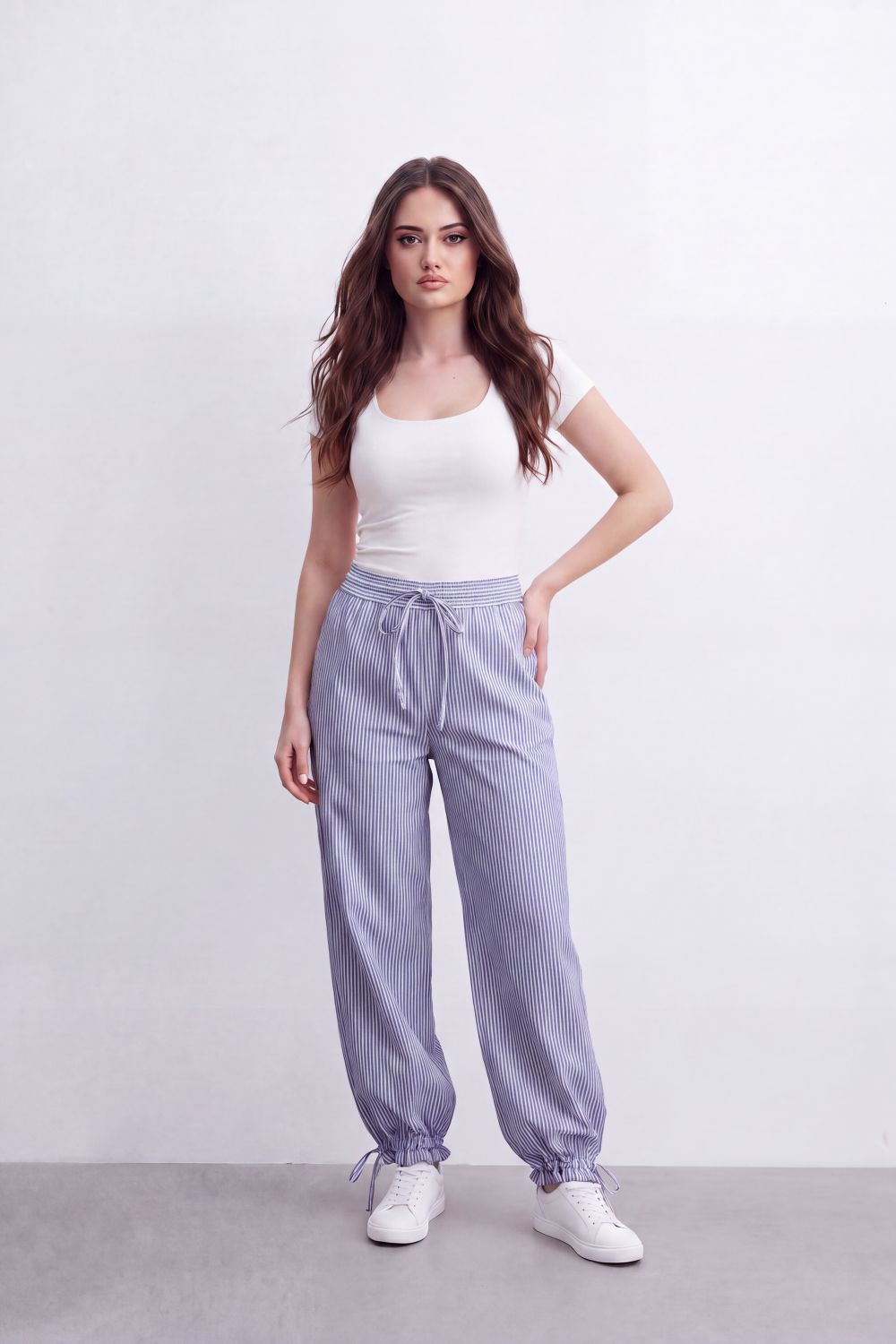 Women's Tomato Store Striped Woven Jogger Pants Elastic Drawstring Waist Gathered Ankle Detail