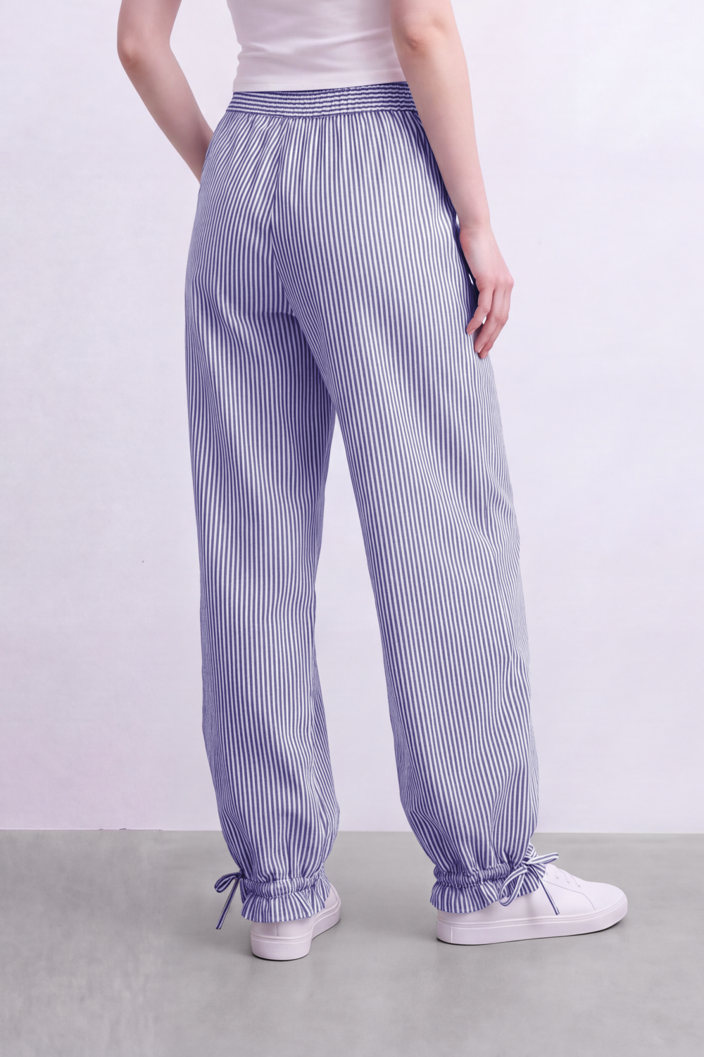 Women's Tomato Store Striped Woven Jogger Pants Elastic Drawstring Waist Gathered Ankle Detail