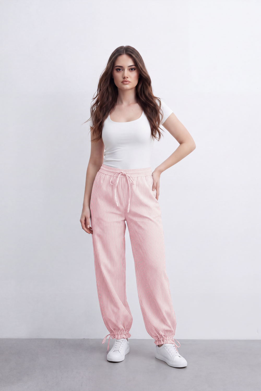 Women's Tomato Store Striped Woven Jogger Pants Elastic Drawstring Waist Gathered Ankle Detail