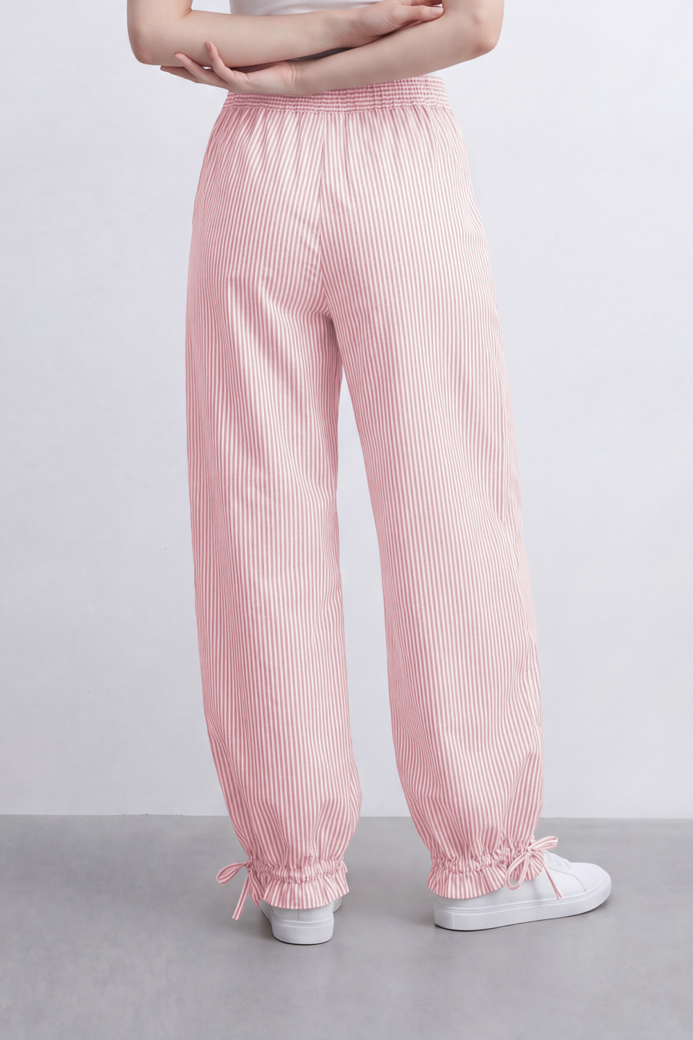 Women's Tomato Store Striped Woven Jogger Pants Elastic Drawstring Waist Gathered Ankle Detail