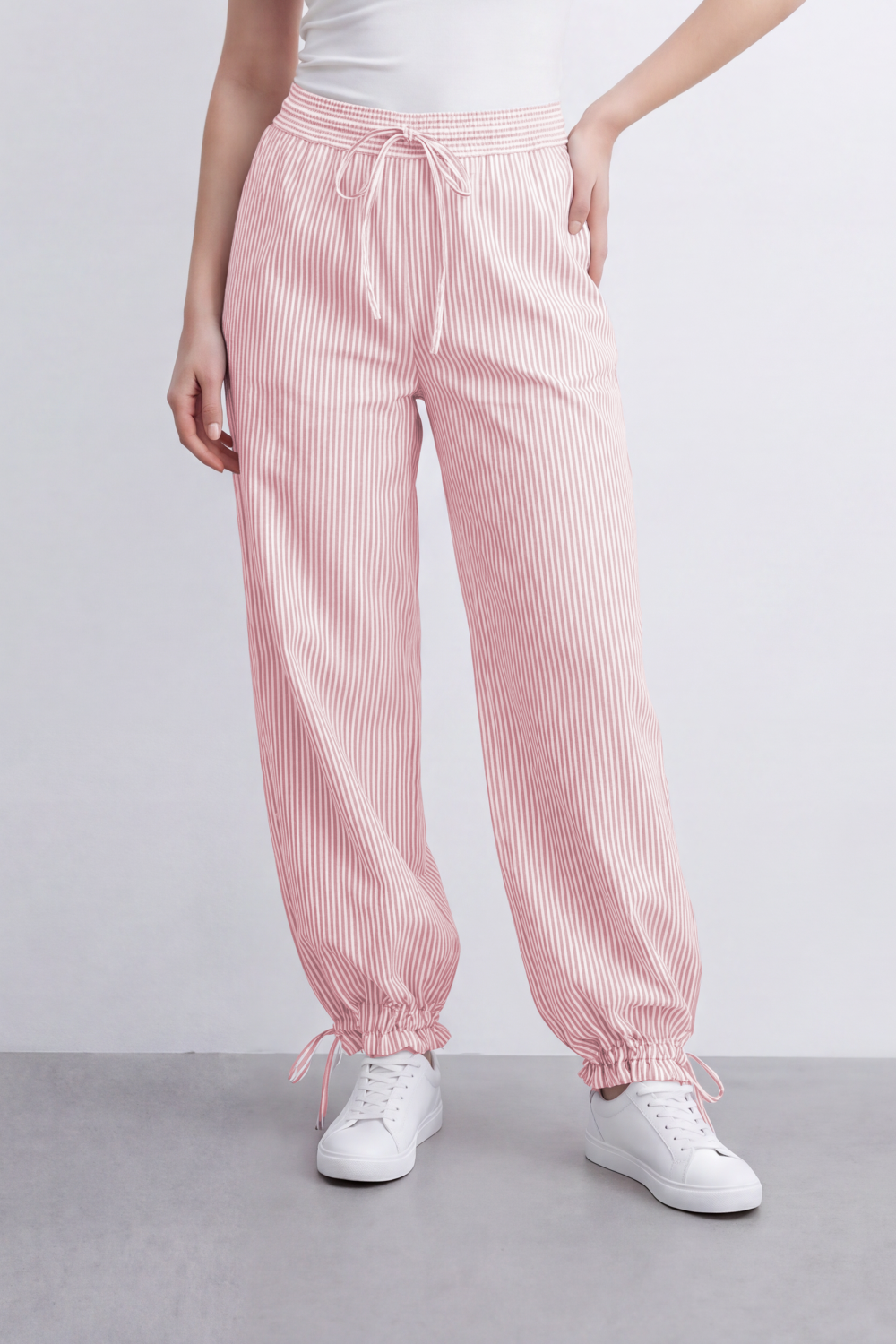 Women's Tomato Store Striped Woven Jogger Pants Elastic Drawstring Waist Gathered Ankle Detail