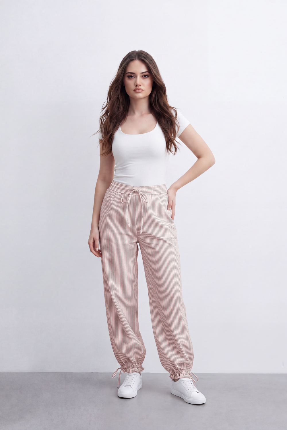 Women's Tomato Store Striped Woven Jogger Pants Elastic Drawstring Waist Gathered Ankle Detail