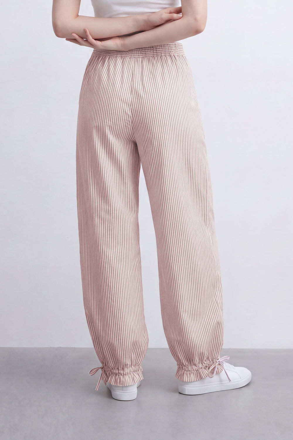 Women's Tomato Store Striped Woven Jogger Pants Elastic Drawstring Waist Gathered Ankle Detail