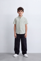 Boy's Tomato Store Textured Woven Shirt Vertical Stripe Pattern Band Collar Half Sleeve