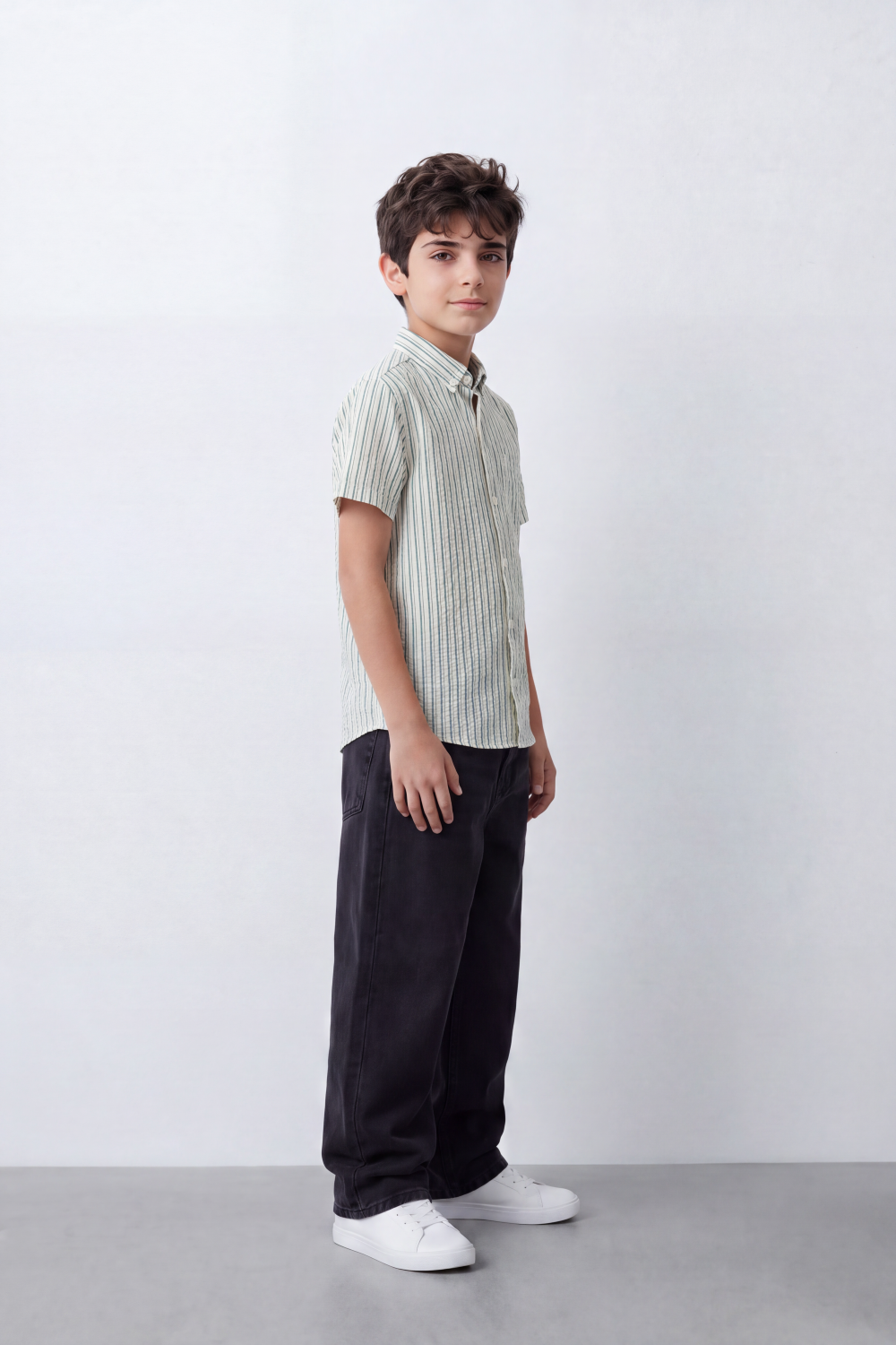 Boy's Tomato Store Textured Woven Shirt Vertical Stripe Pattern Band Collar Half Sleeve