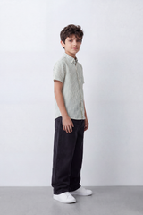 Boy's Tomato Store Textured Woven Shirt Vertical Stripe Pattern Band Collar Half Sleeve