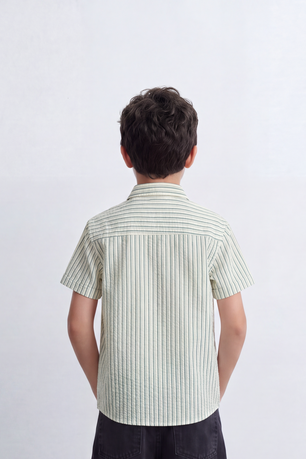 Boy's Tomato Store Textured Woven Shirt Vertical Stripe Pattern Band Collar Half Sleeve