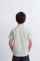 Boy's Tomato Store Textured Woven Shirt Vertical Stripe Pattern Band Collar Half Sleeve