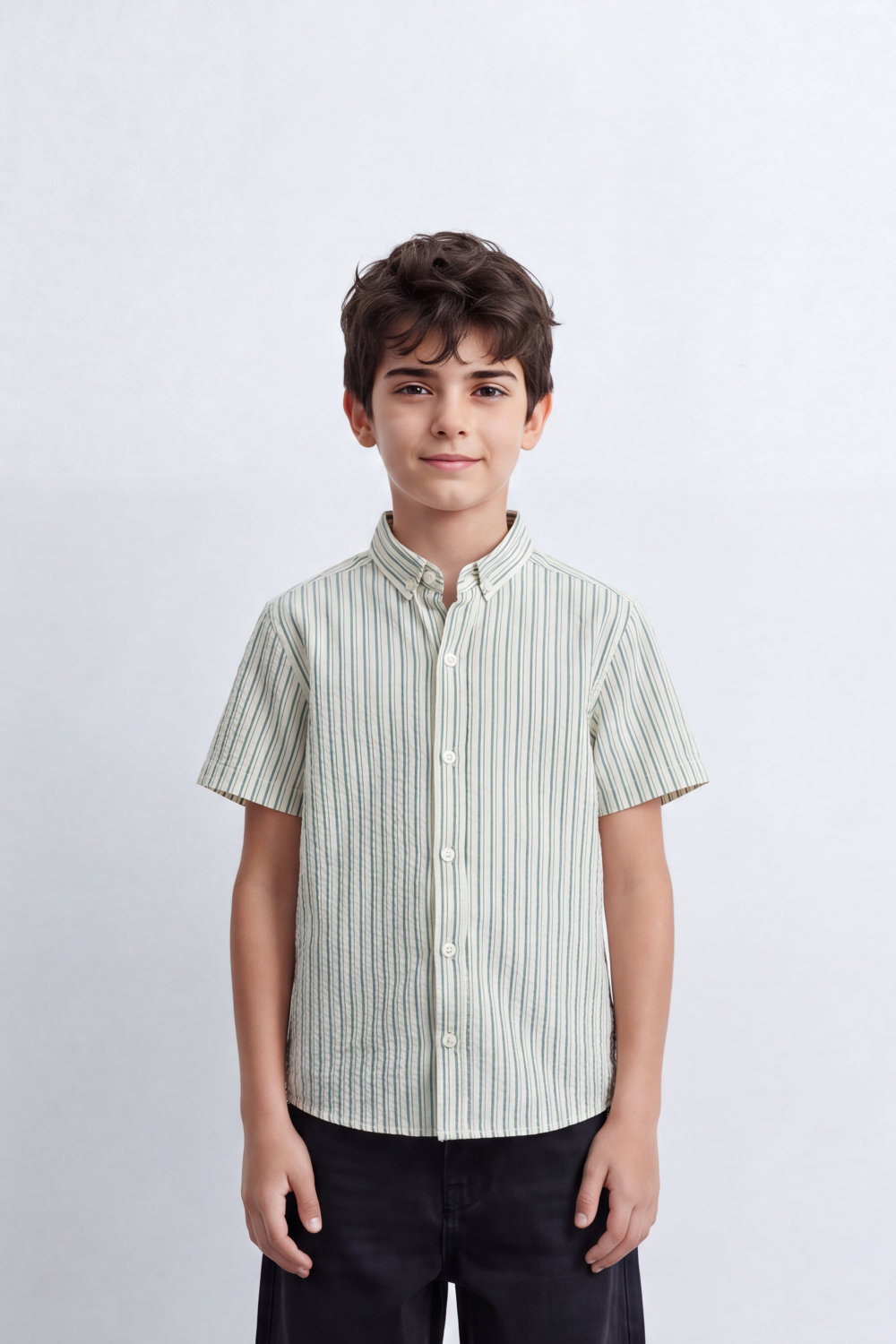 Boy's Tomato Store Textured Woven Shirt Vertical Stripe Pattern Band Collar Half Sleeve