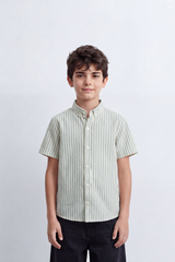 Boy's Tomato Store Textured Woven Shirt Vertical Stripe Pattern Band Collar Half Sleeve