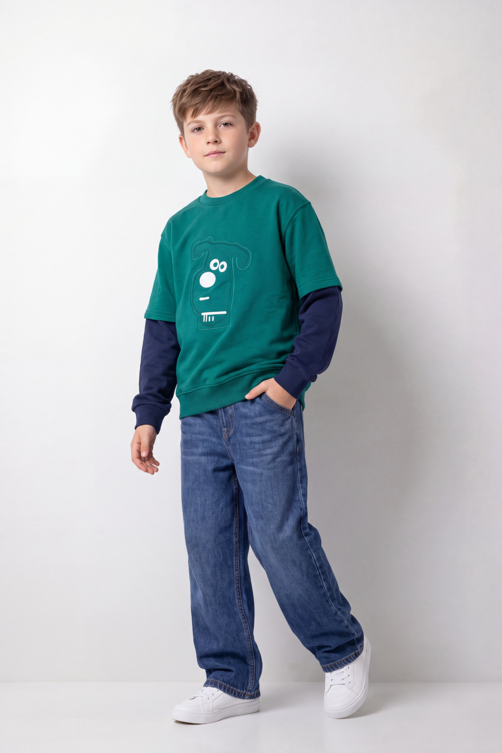Boy's Tomato Store Winter Layered Fleece Sweatshirt Contrast Sleeve Design Character Graphic Oversize
