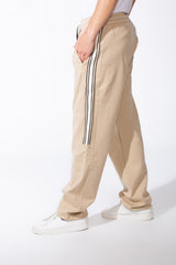 Men's Elasticated Waistband Drawstrings Multi-Stripe Side Single Back Pocket Double Needle Wide Leg Sweatpants