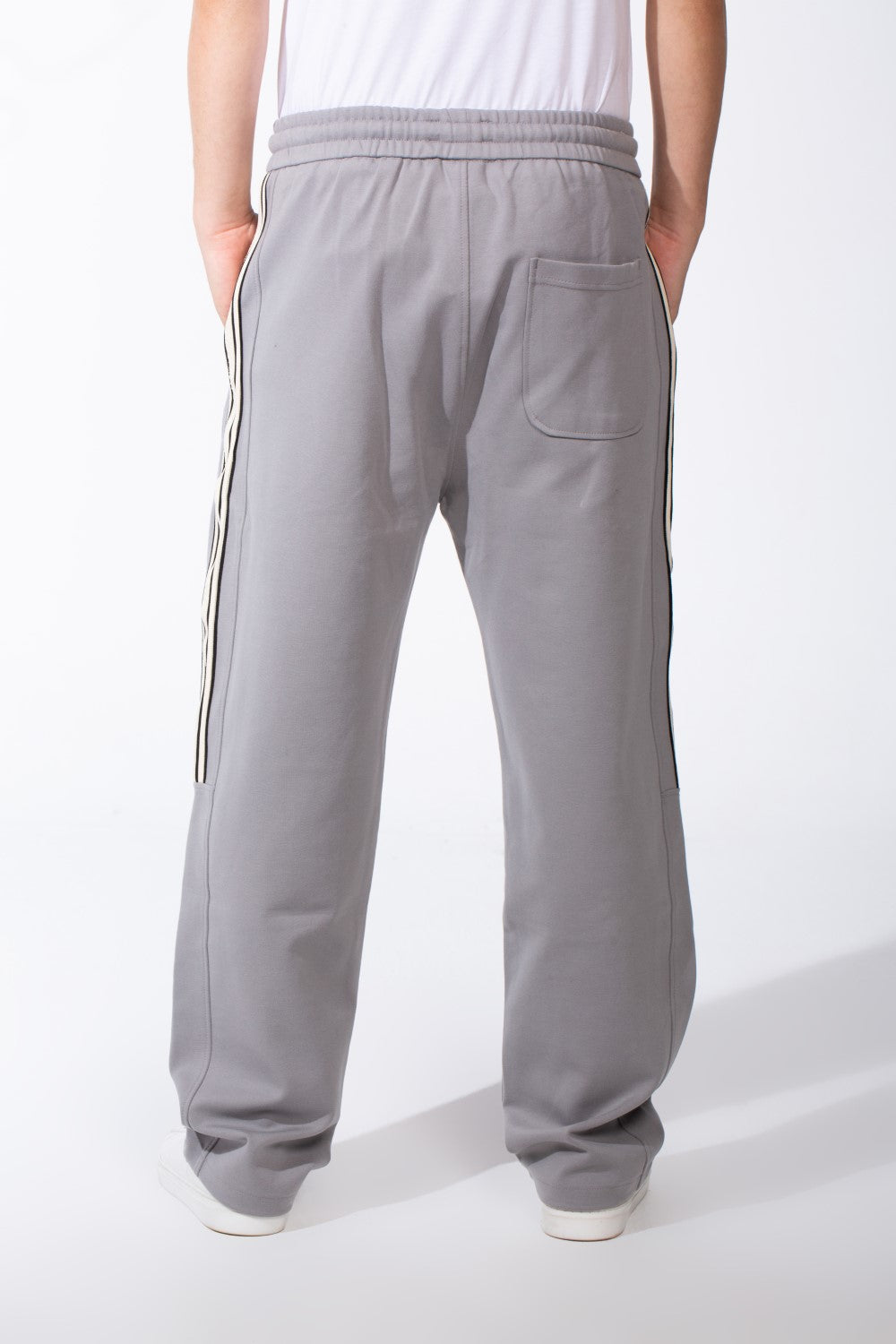 Men's Elasticated Waistband Drawstrings Multi-Stripe Side Single Back Pocket Double Needle Wide Leg Sweatpants