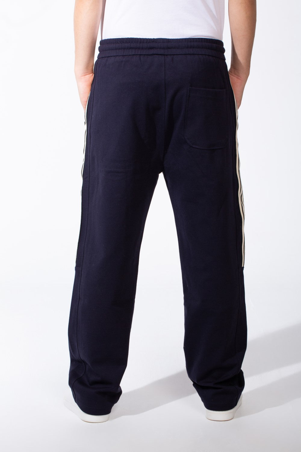 Men's Elasticated Waistband Drawstrings Multi-Stripe Side Single Back Pocket Double Needle Wide Leg Sweatpants