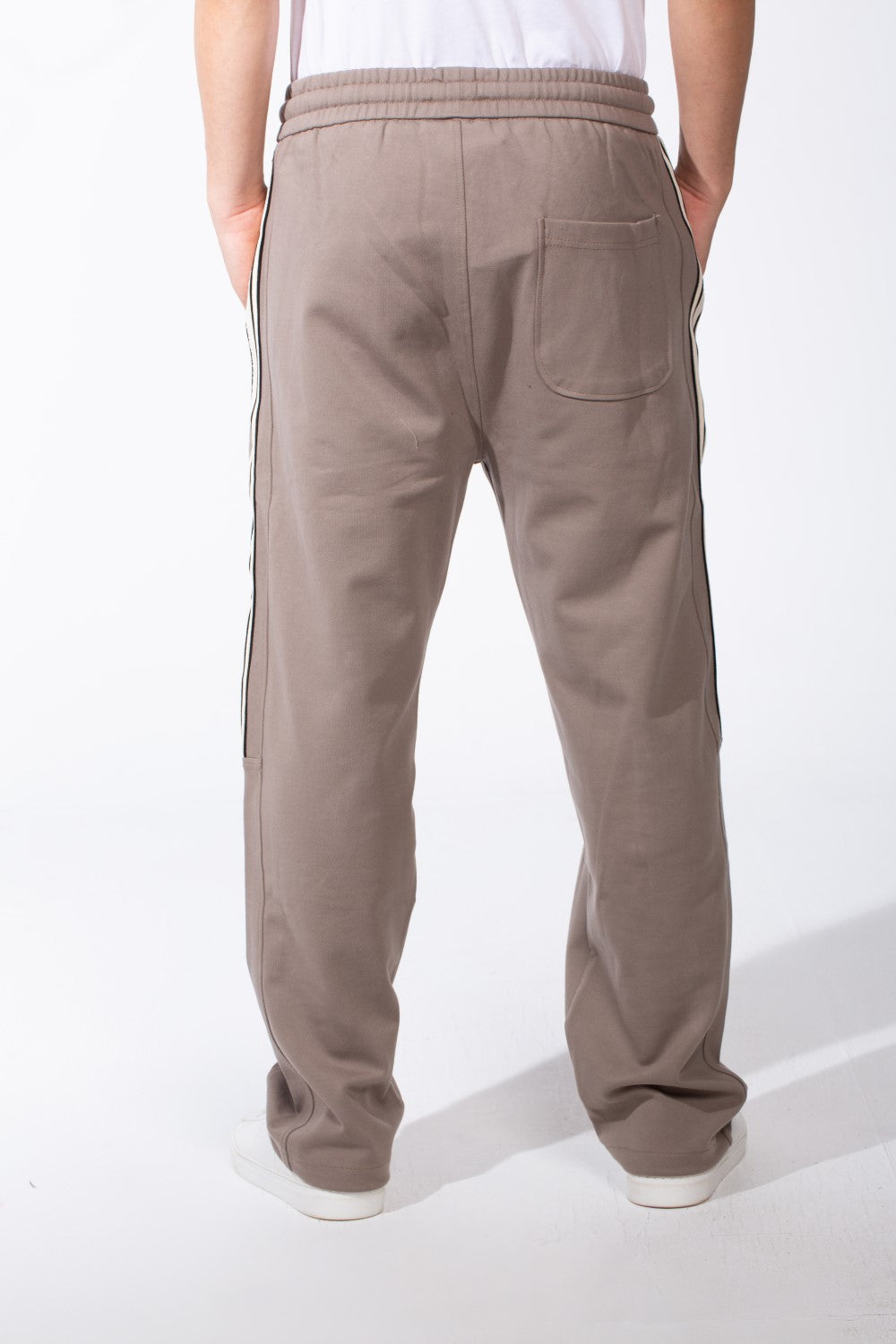 Men's Elasticated Waistband Drawstrings Multi-Stripe Side Single Back Pocket Double Needle Wide Leg Sweatpants