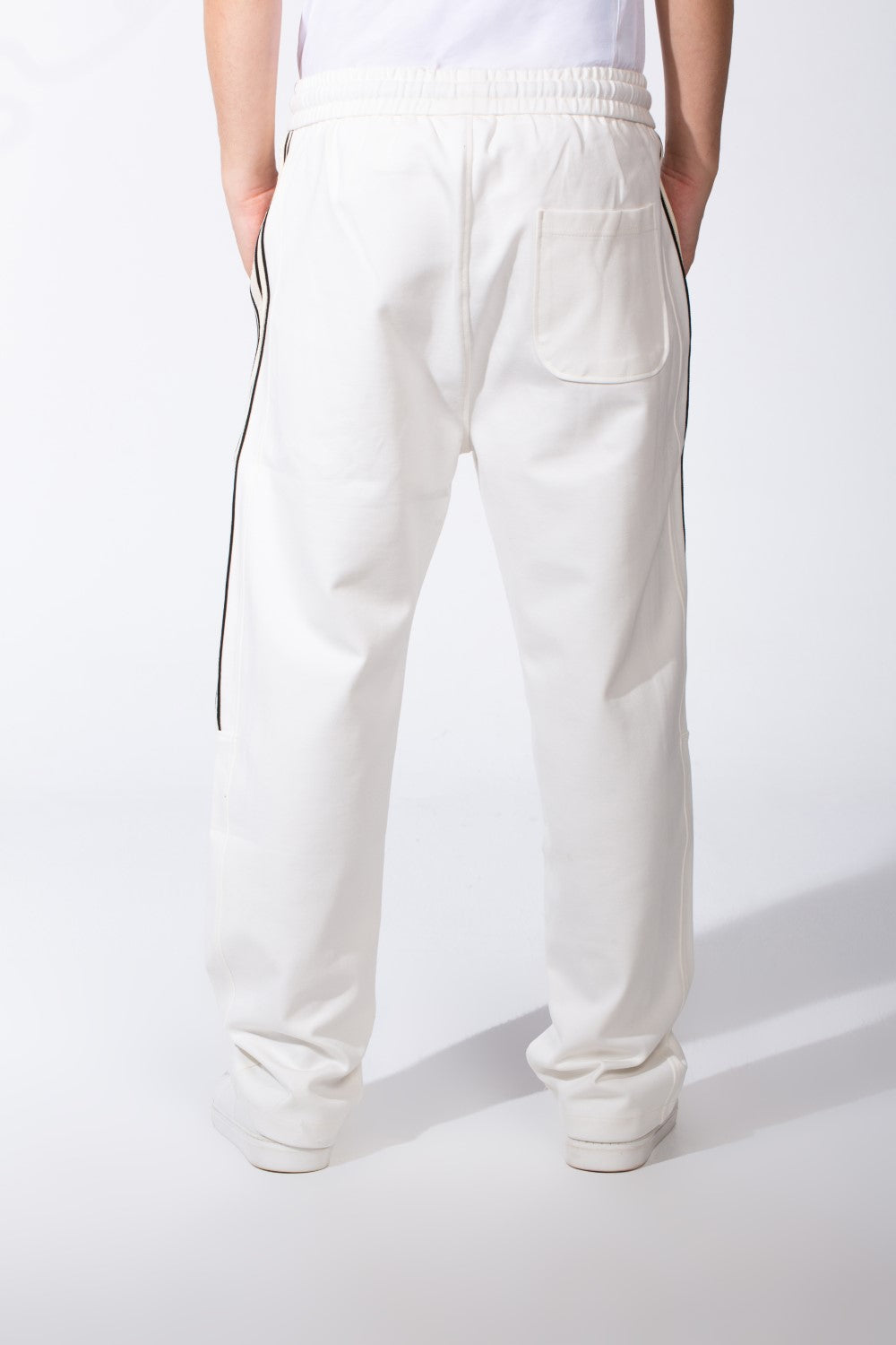 Men's Elasticated Waistband Drawstrings Multi-Stripe Side Single Back Pocket Double Needle Wide Leg Sweatpants