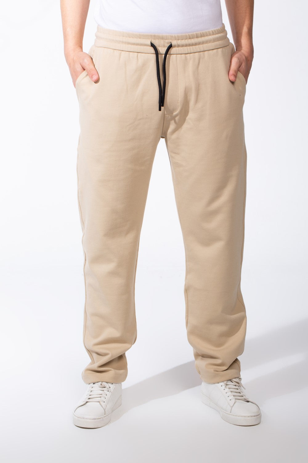 Men's Elasticated Waistband Flat Black Cotton Drawstrings Wide-Leg Sweatpants