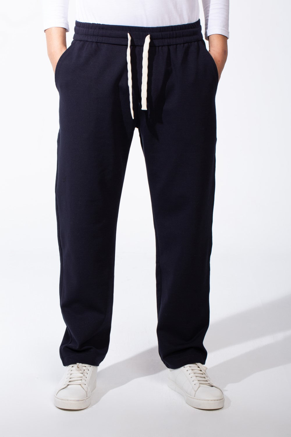 Men's Elasticated Waistband Flat Black Cotton Drawstrings Wide-Leg Sweatpants