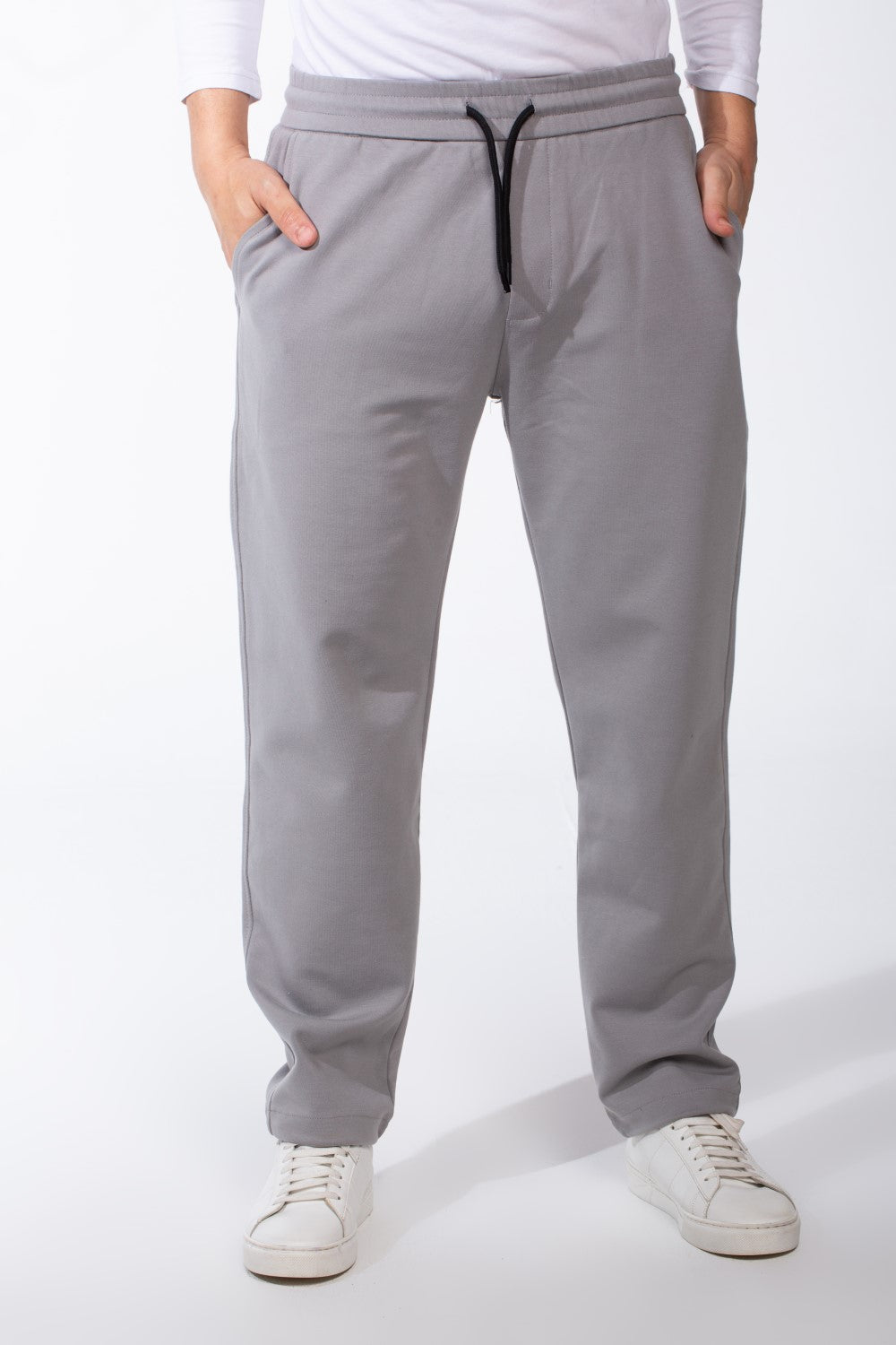 Men's Elasticated Waistband Flat Black Cotton Drawstrings Wide-Leg Sweatpants