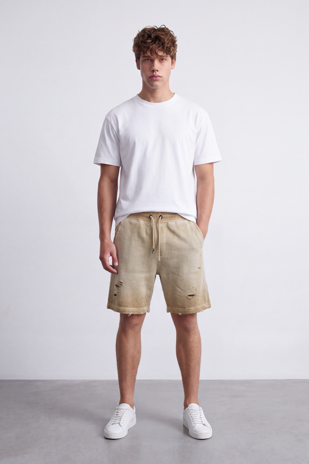 Men's Tomato Store Washed Twill Bermuda Shorts Distressed Rip Details Elastic Drawstring Waist Raw Hem