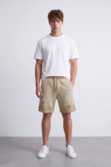 Men's Tomato Store Washed Twill Bermuda Shorts Distressed Rip Details Elastic Drawstring Waist Raw Hem