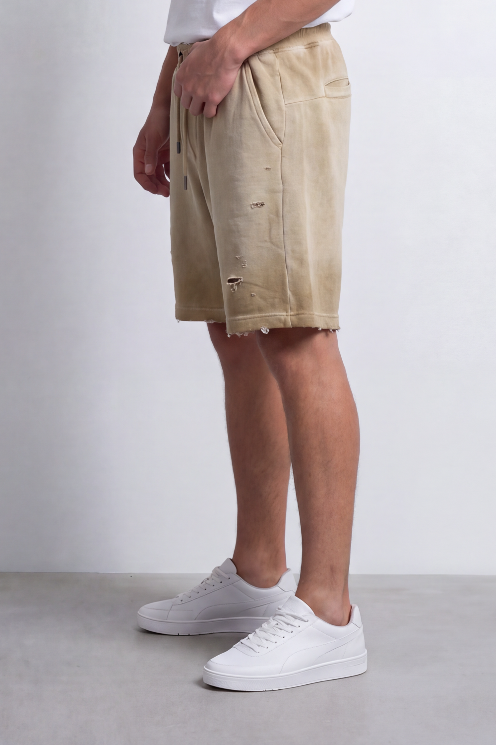 Men's Tomato Store Washed Twill Bermuda Shorts Distressed Rip Details Elastic Drawstring Waist Raw Hem