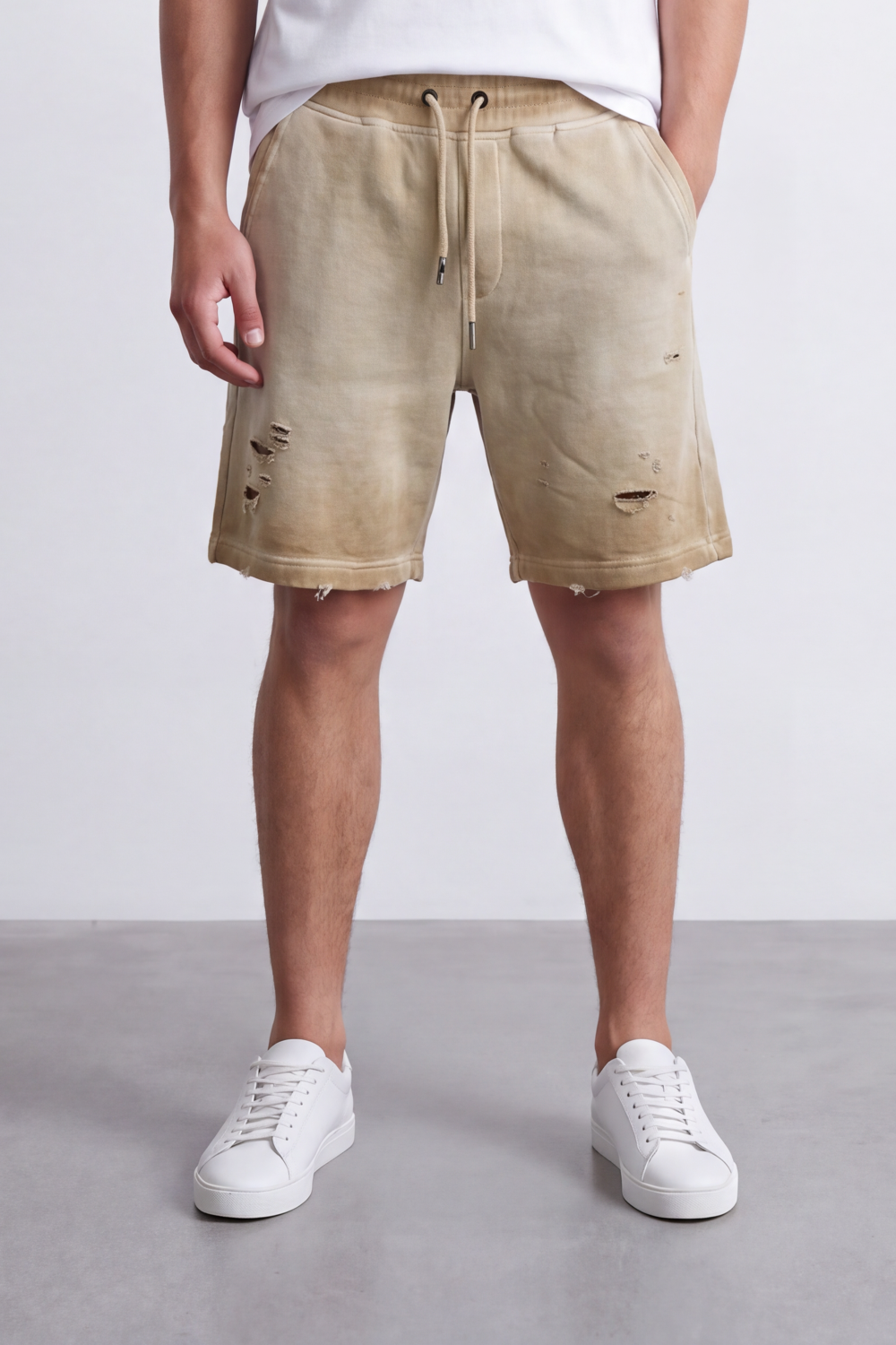 Men's Tomato Store Washed Twill Bermuda Shorts Distressed Rip Details Elastic Drawstring Waist Raw Hem