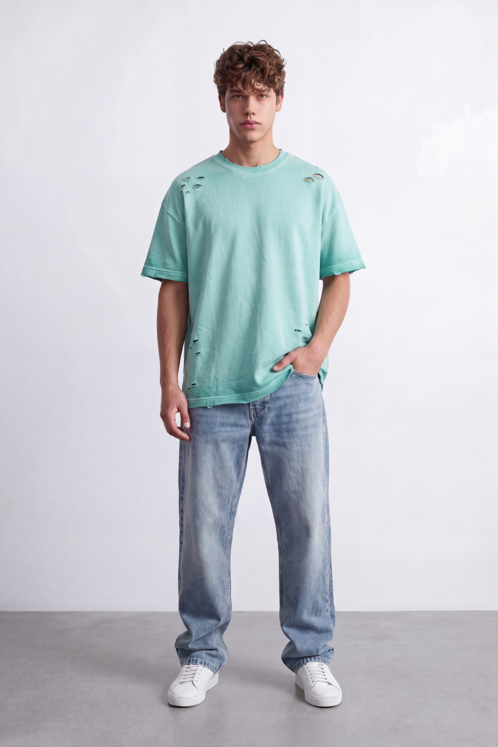 Men's Tomato StoreT-Shirt Distressed Rip Details Raw Edge Finish Drop Shoulder Oversized Fit