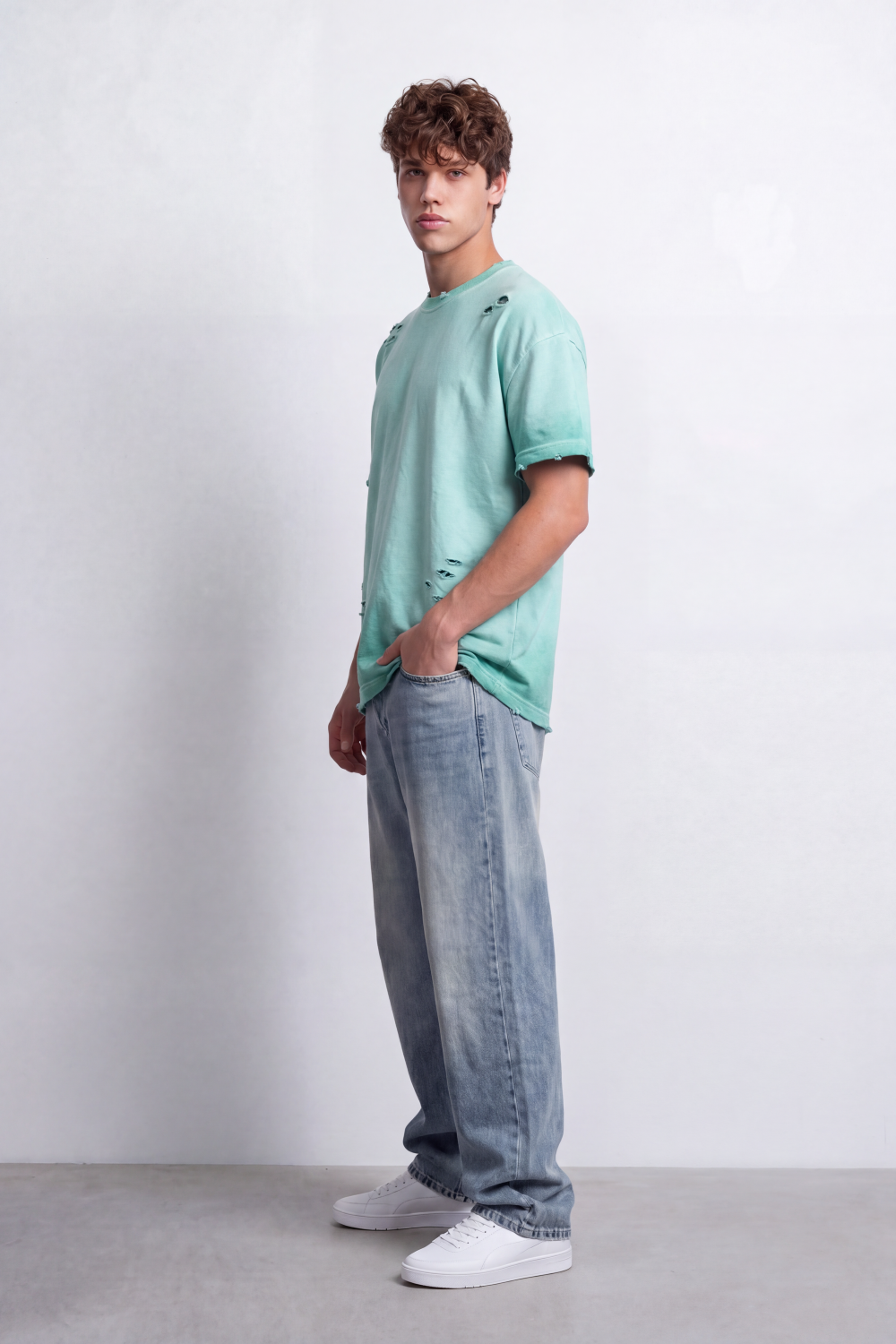 Men's Tomato StoreT-Shirt Distressed Rip Details Raw Edge Finish Drop Shoulder Oversized Fit