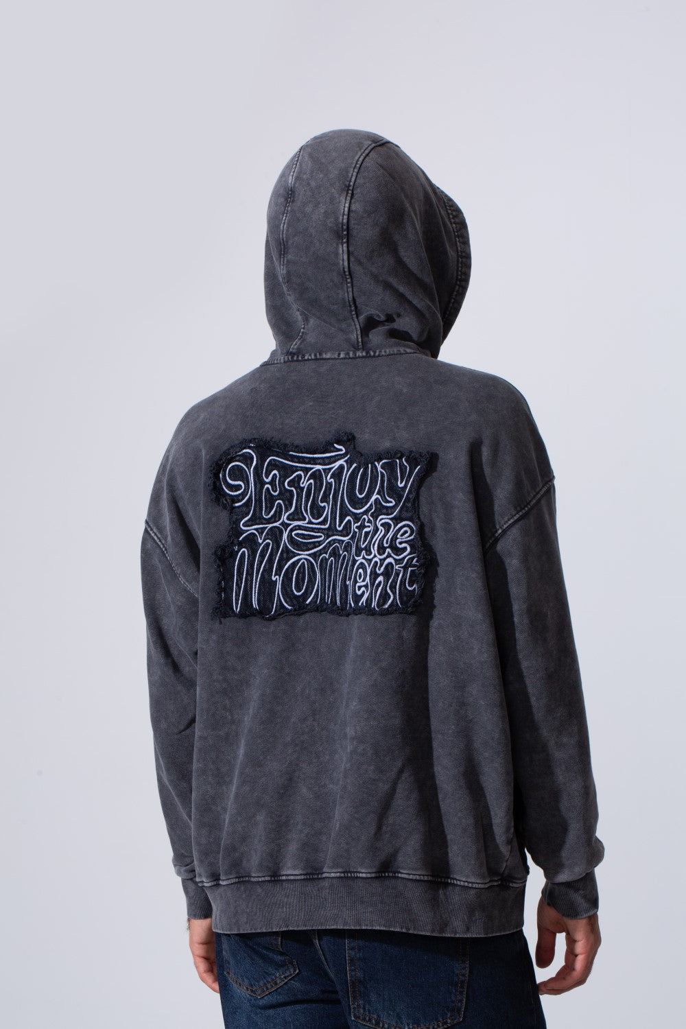 Men's Oversized Tomato Store Washed Hood Sweatshirt With Front Kangaroo Pocket And Back Text Print
