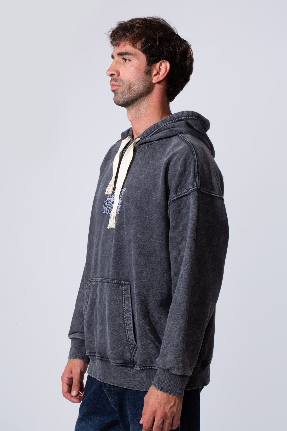 Men's Oversized Tomato Store Washed Hood Sweatshirt With Front Kangaroo Pocket And Back Text Print