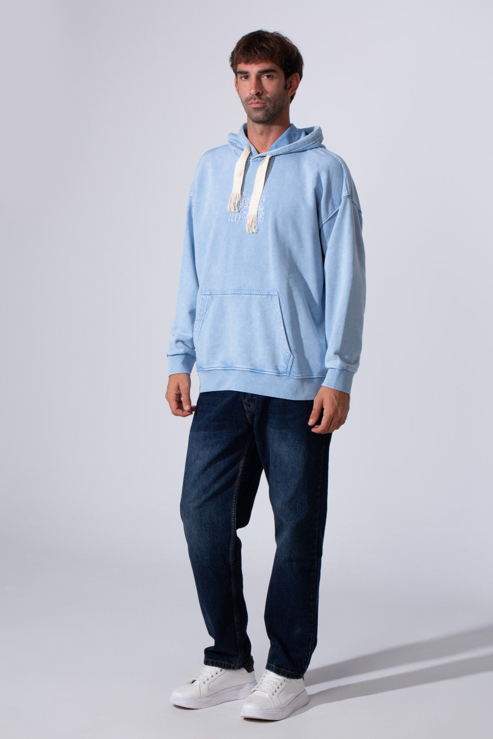 Men's Oversized Tomato Store Washed Hood Sweatshirt With Front Kangaroo Pocket And Back Text Print