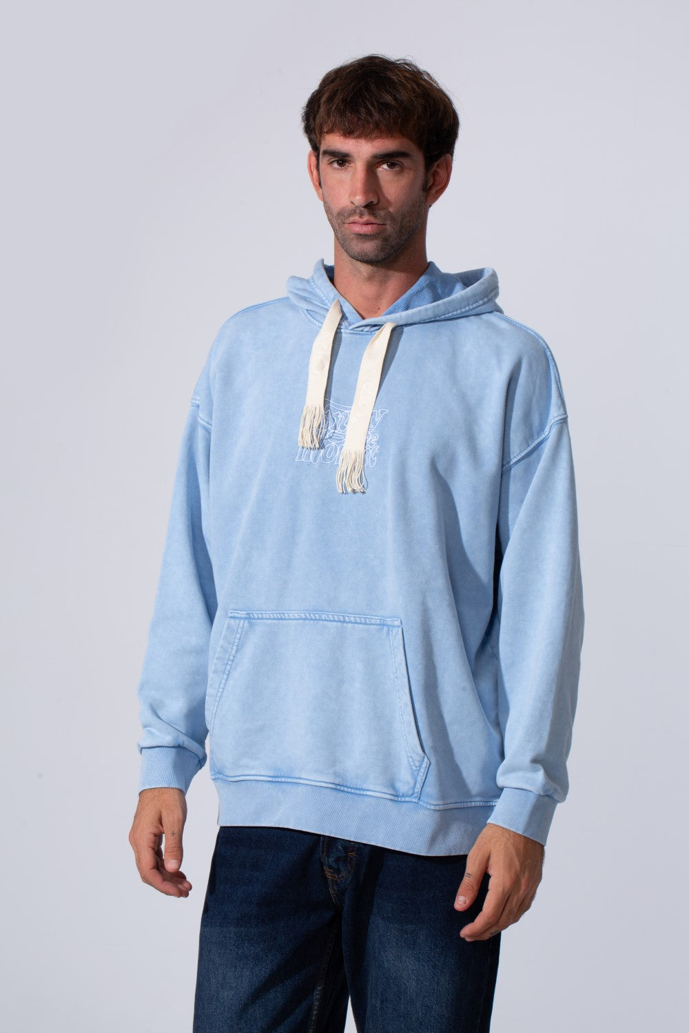 Men's Oversized Tomato Store Washed Hood Sweatshirt With Front Kangaroo Pocket And Back Text Print