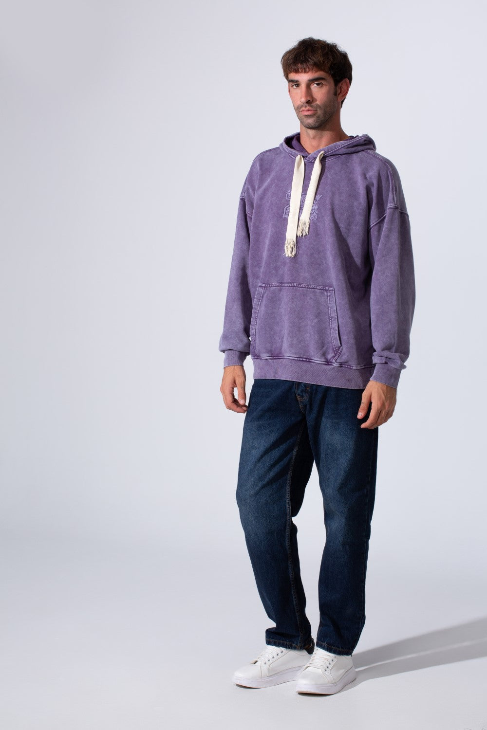 Men's Oversized Tomato Store Washed Hood Sweatshirt With Front Kangaroo Pocket And Back Text Print