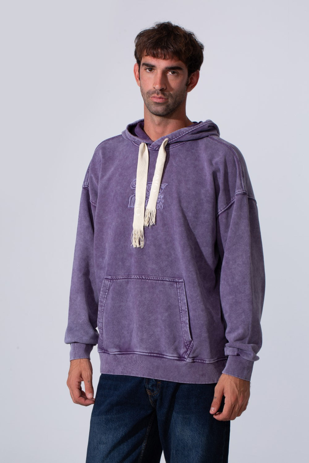 Men's Oversized Tomato Store Washed Hood Sweatshirt With Front Kangaroo Pocket And Back Text Print