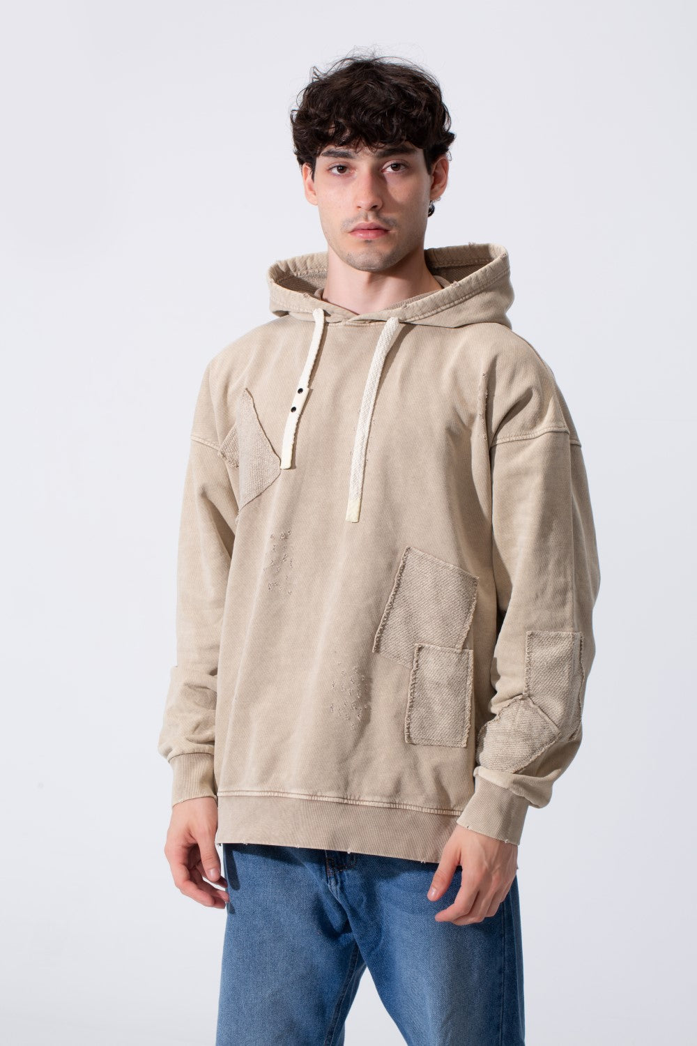Men's Oversized Hood Washed Print Classic Kangaroo Front Pocket Tomato Store Sweatshirt With Edge Seam Detailing