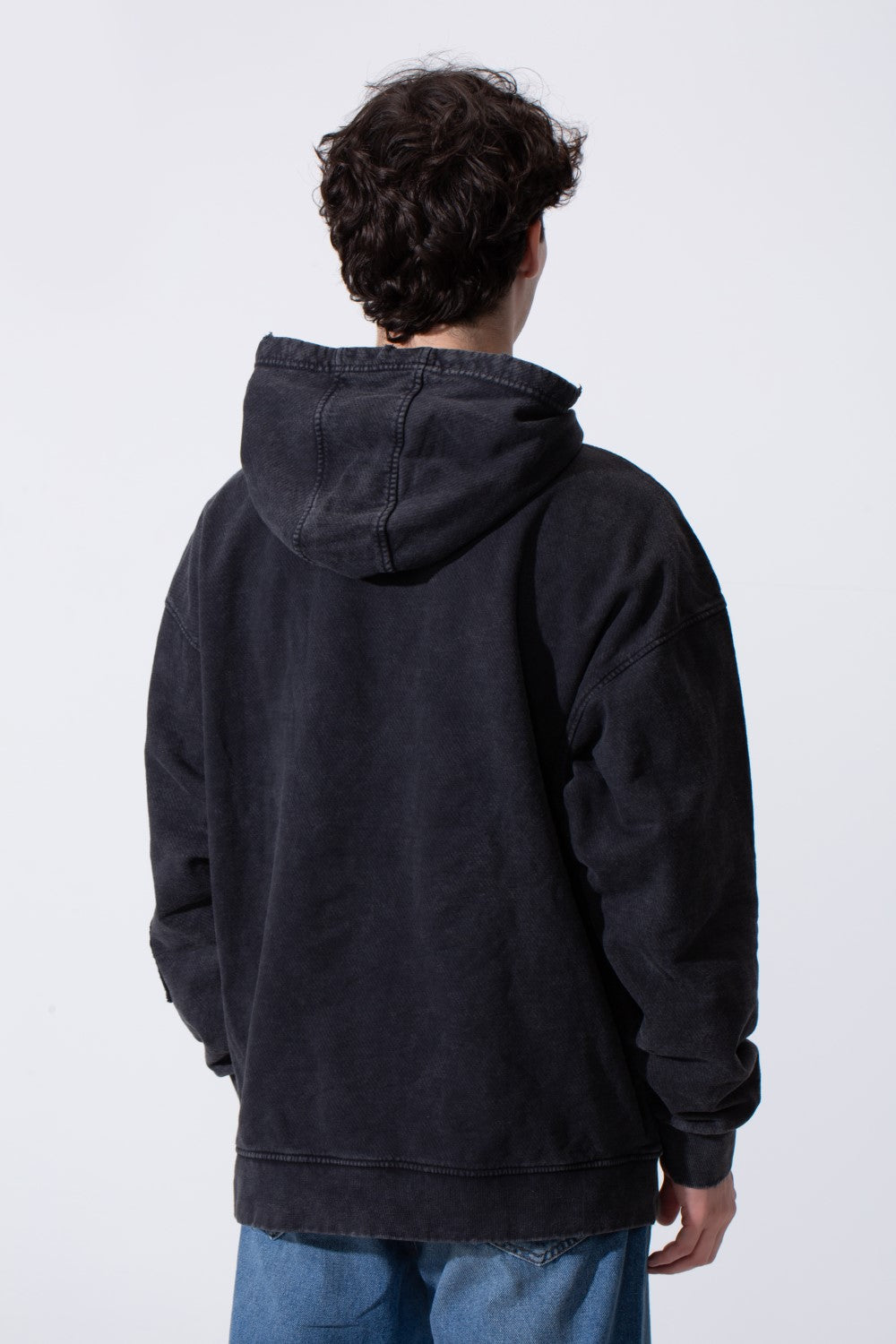 Men's Oversized Hood Washed Print Classic Kangaroo Front Pocket Tomato Store Sweatshirt With Edge Seam Detailing