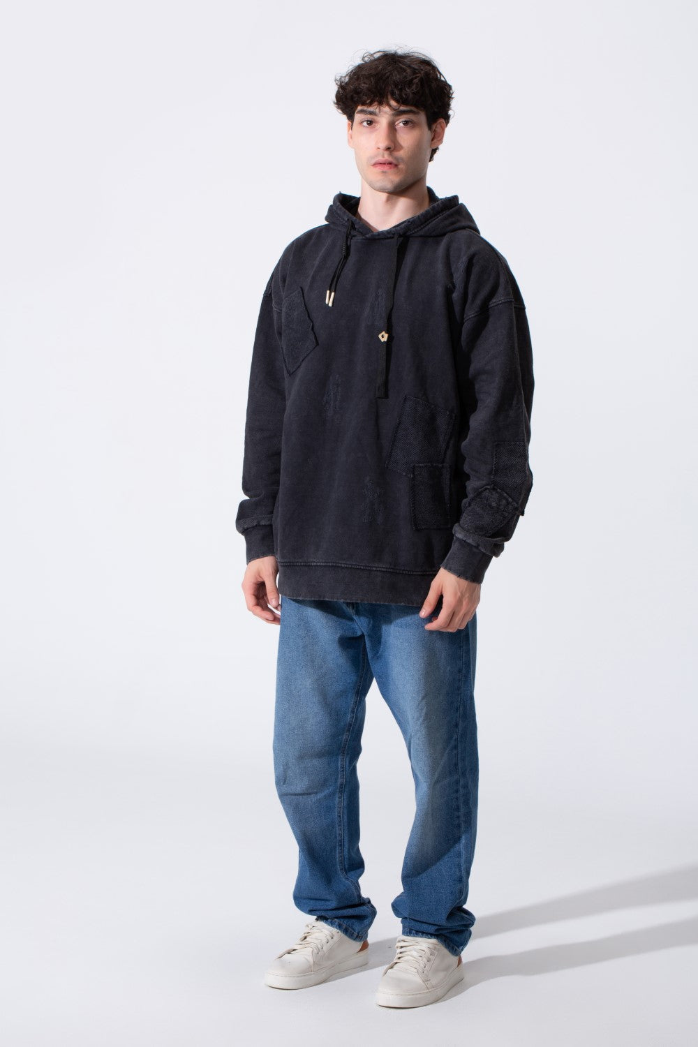 Men's Oversized Hood Washed Print Classic Kangaroo Front Pocket Tomato Store Sweatshirt With Edge Seam Detailing