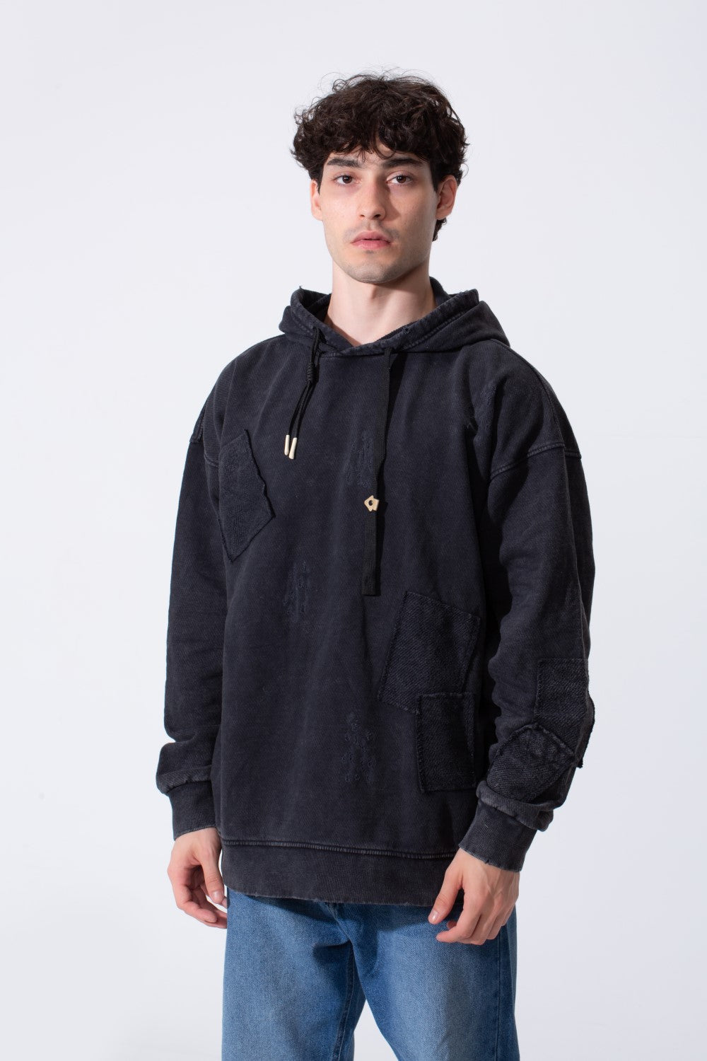 Men's Oversized Hood Washed Print Classic Kangaroo Front Pocket Tomato Store Sweatshirt With Edge Seam Detailing