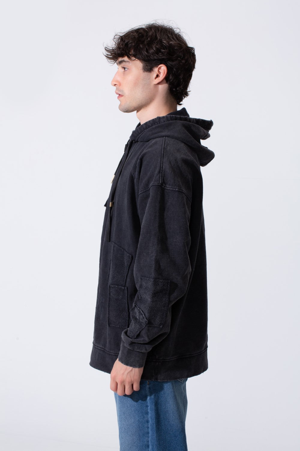 Men's Oversized Hood Washed Print Classic Kangaroo Front Pocket Tomato Store Sweatshirt With Edge Seam Detailing