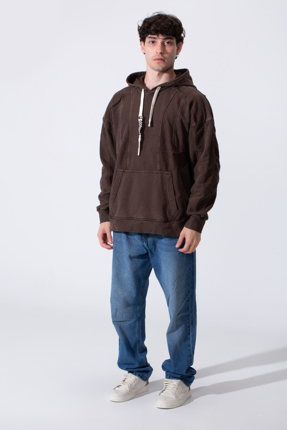 Men's Oversized Hood Washed Fabric Edge Seam Detailing Classic Kangaroo Front Pocket Tomato Store Sweatshirt