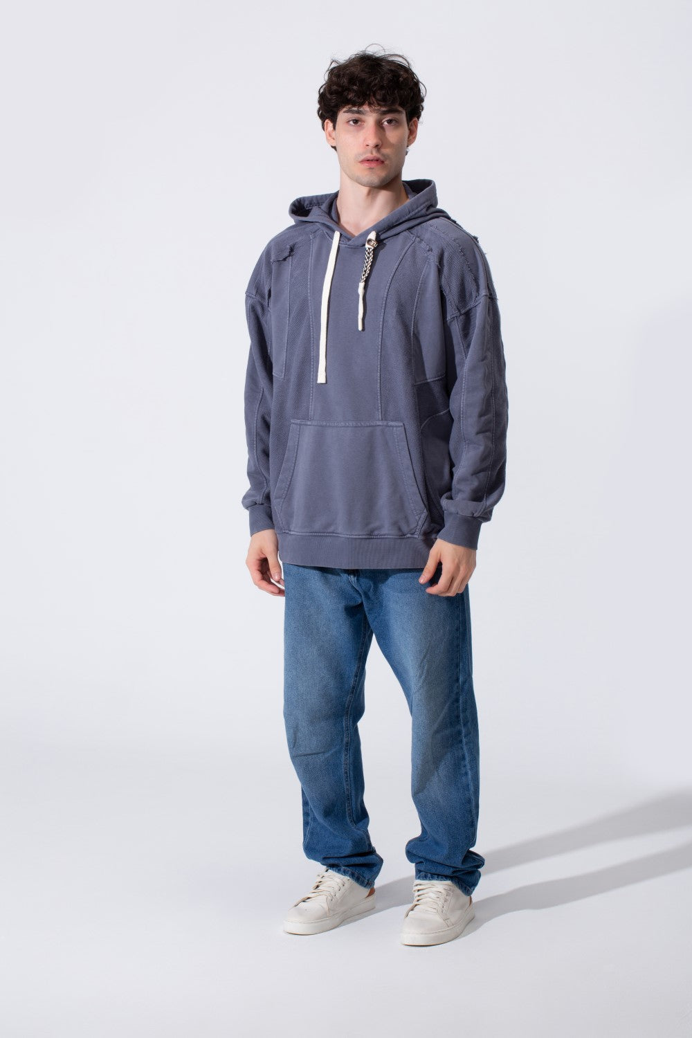Men's Oversized Hood Washed Fabric Edge Seam Detailing Classic Kangaroo Front Pocket Tomato Store Sweatshirt